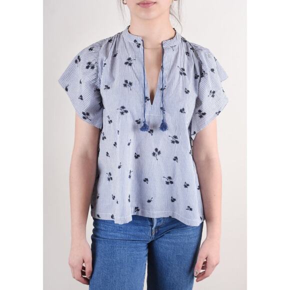 Trovata Birds of Paradise Brett Bohemian Blouse Navy Stripes w/ Embroidery Sz M - Picture 1 of 6
